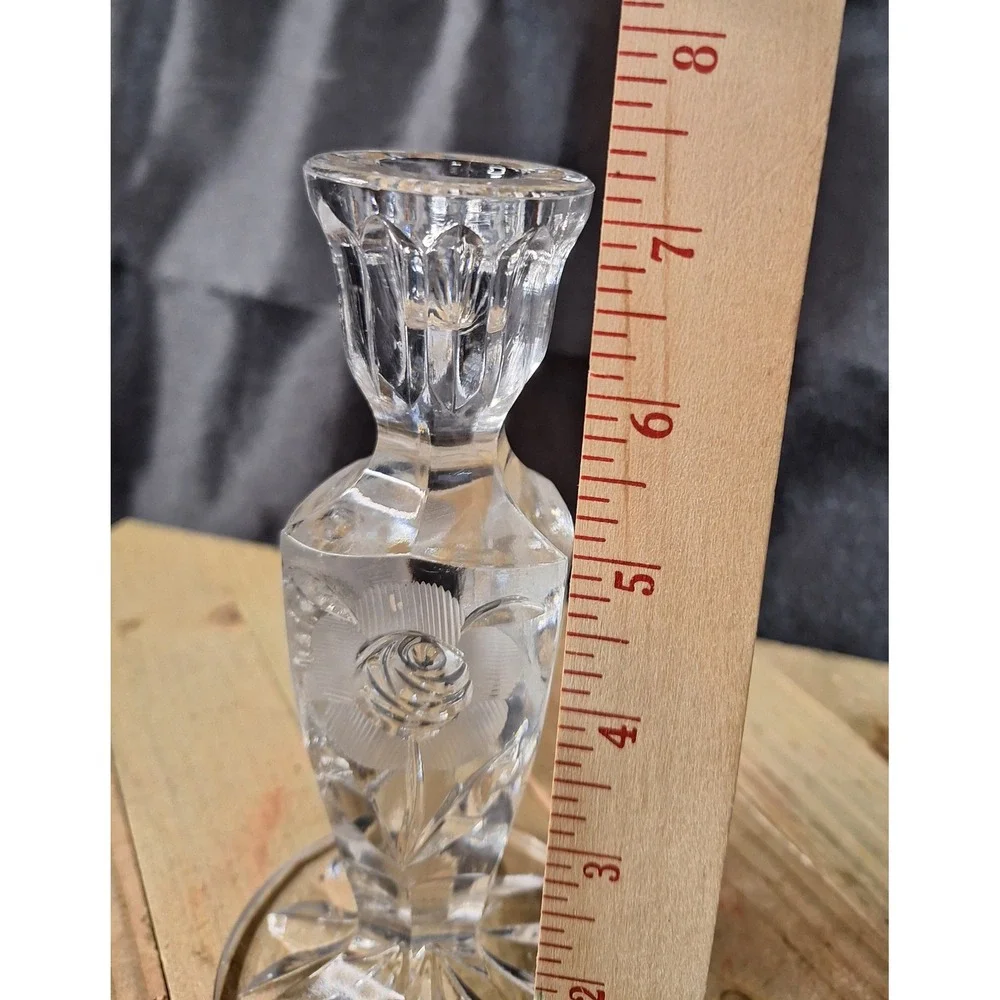 Vintage Etched Crystal Rose Candlestick Holder Faceted Glass Starburst Base 7.5